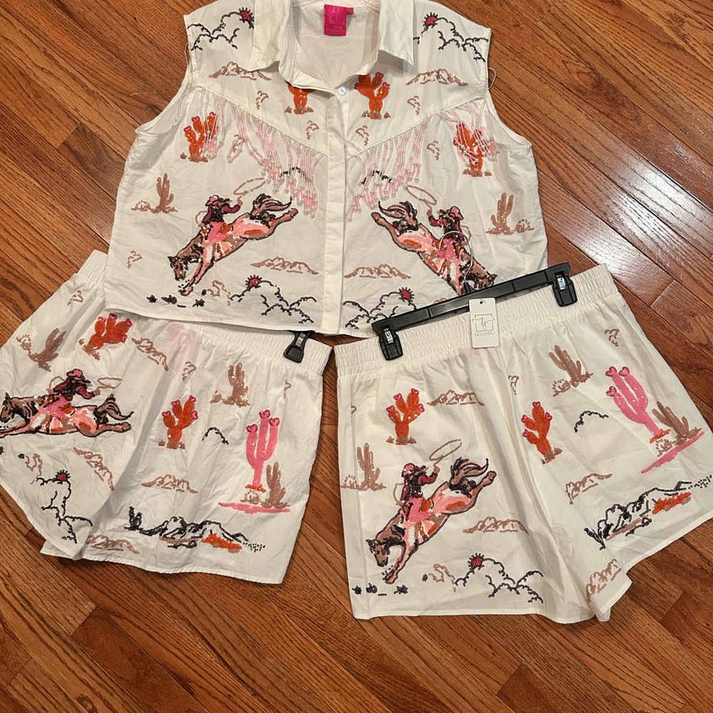 QUEEN OF SPARKLES RODEO - Bucking Cowgirl SEQUIN Set in White and Pink